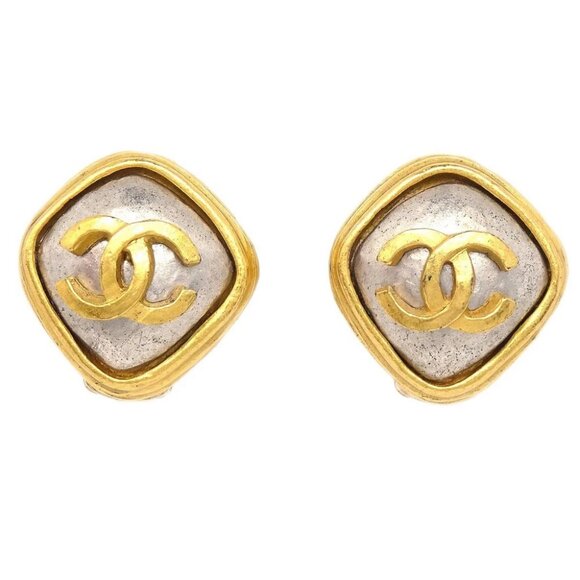 Chanel Rhombus Stone Earrings Clip-On Gold 97A - Picture 1 of 4